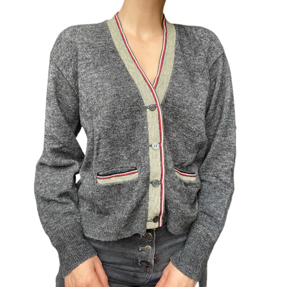 Gray knit cardigan with pockets and striped trim